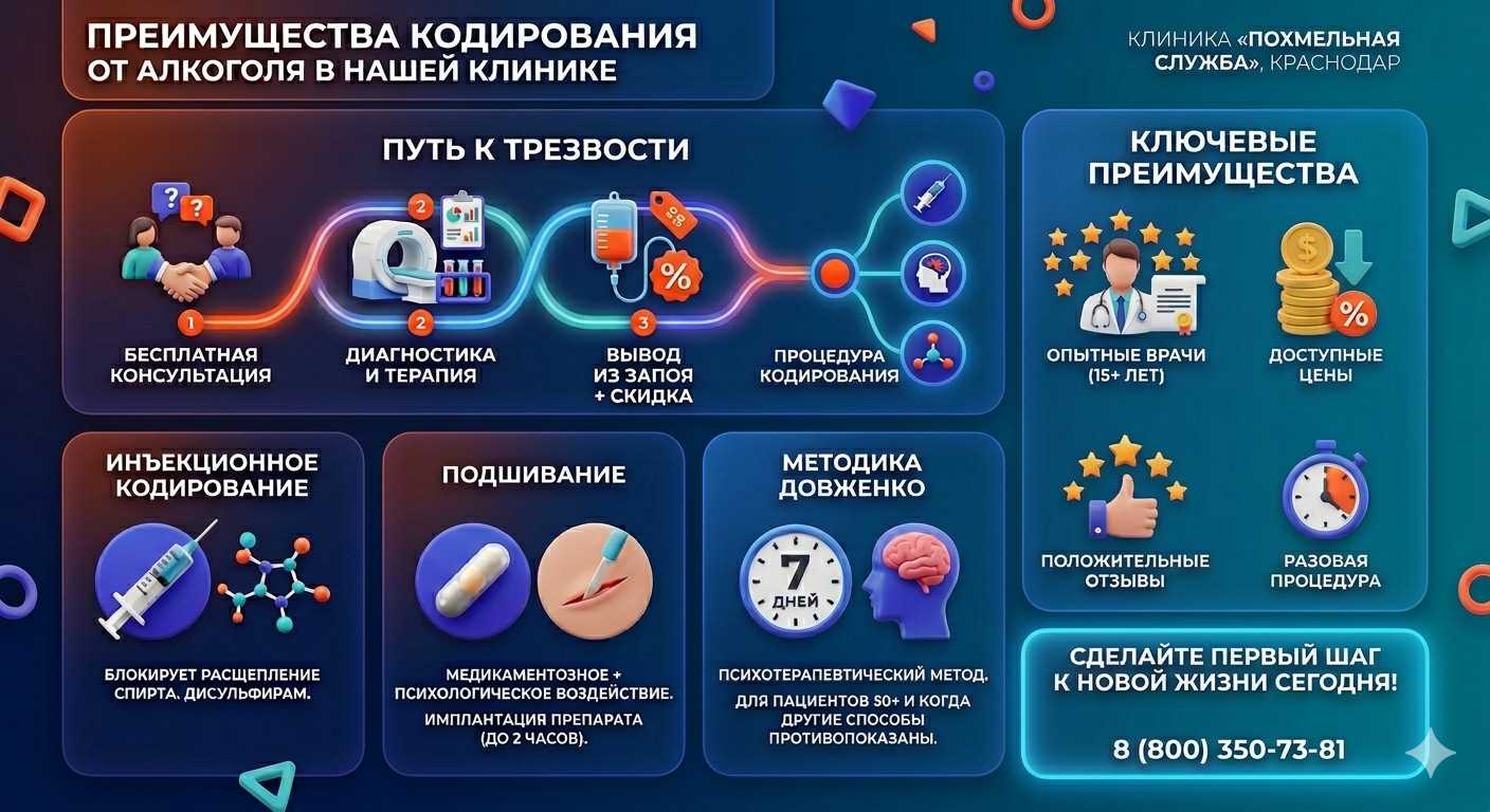 Инфографика о методах кодирования от алкоголя в Зее: инъекции, подшивание, метод Довженко. Преимущества клиники и этапы лечения.